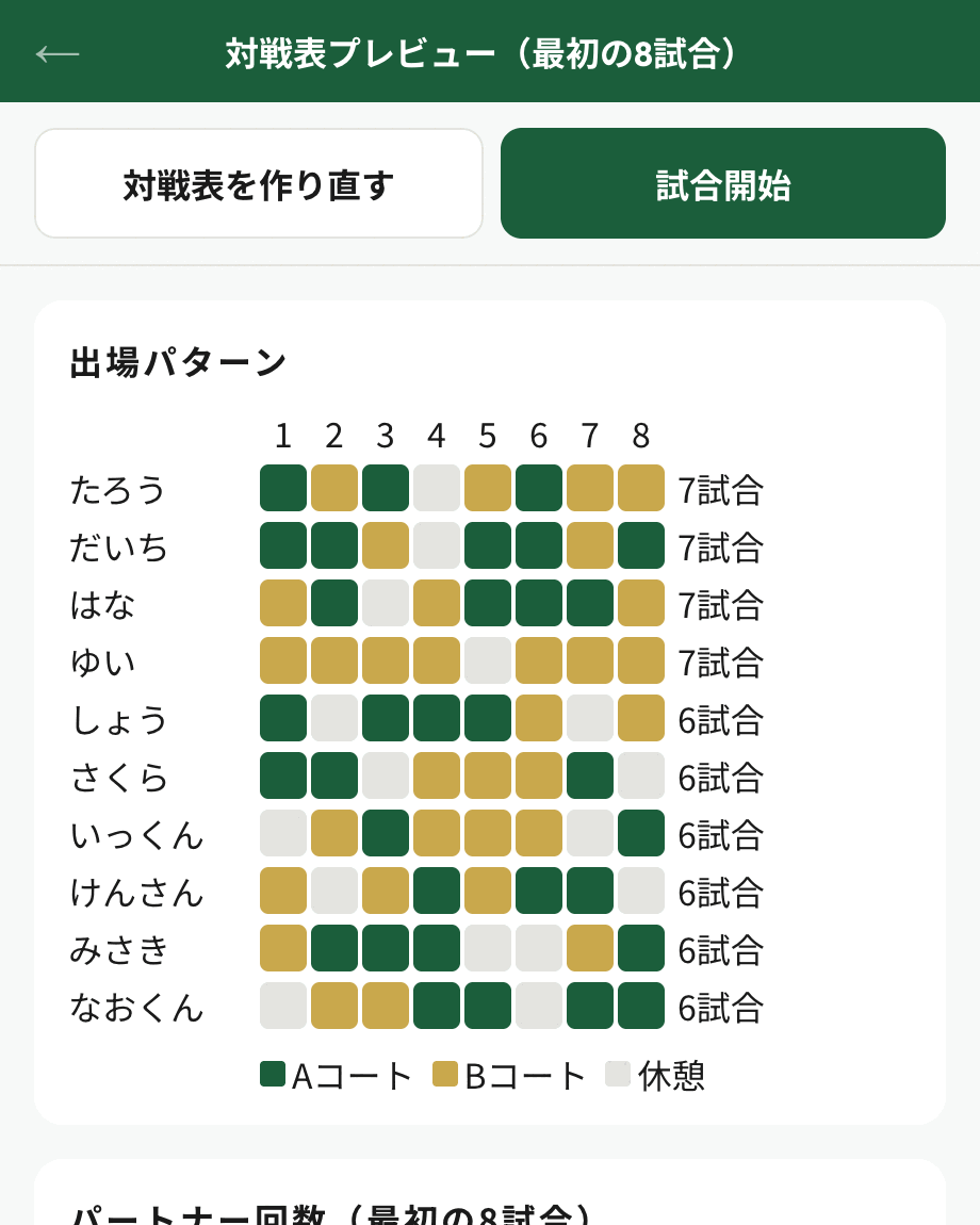 対戦表プレビュー。誰がどの試合でどのコートに入るかが一覧になっている